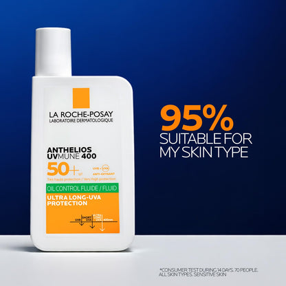 La Roche-Posay Anthelios UVMUNE400 Oil Control Invisible Fluid SPF50+ PA++++ Broad Spectrum UV Protection, Ultra-Lightweight, Mattifying, Non-perfumed Sunscreen for Oily & Acne-Prone Skin, 50ml