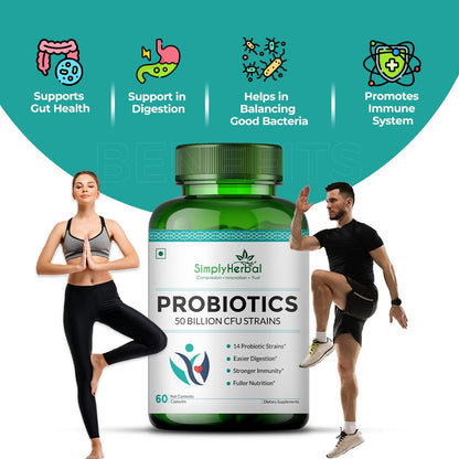 Simply Herbal Probiotics 50 Billion CFU - 14 Strains | Gut Health, Digestion, Immunity & Metabolism Support | 60 Capsules