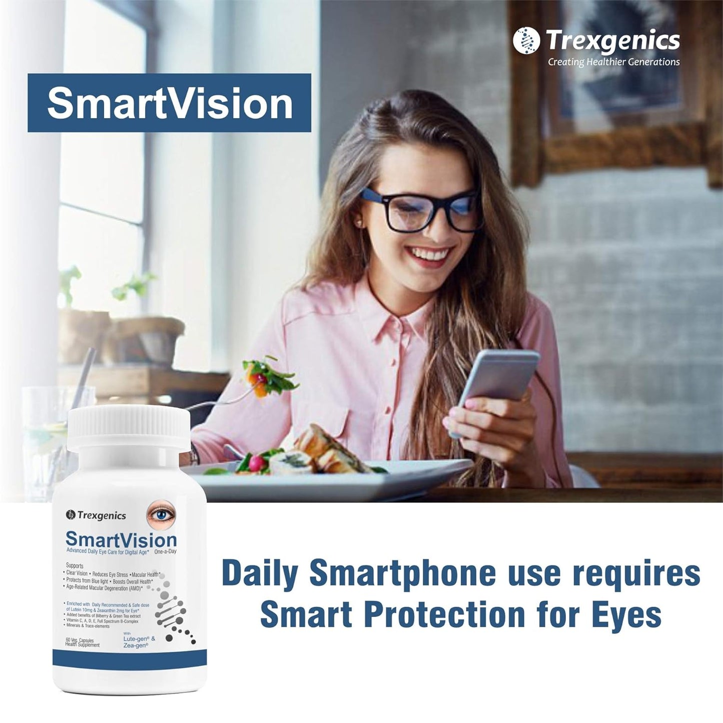 Trexgenics Smartvision Advanced Eye Care Multivitamin with Lutein, Zeaxanthin, Bilberry, Green Tea, Vitamin A, d, e, c, B-Complex and Minerals One-a-Day Formula for Digital Age -60 Veg. Capsules