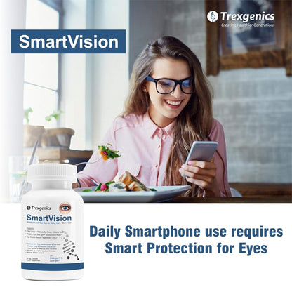 Trexgenics Smartvision Advanced Eye Care Multivitamin with Lutein, Zeaxanthin, Bilberry, Green Tea, Vitamin A, d, e, c, B-Complex and Minerals One-a-Day Formula for Digital Age -60 Veg. Capsules