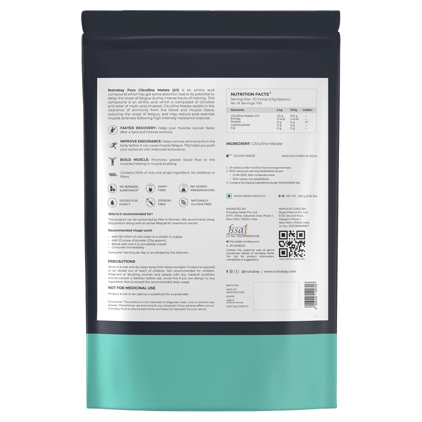 Nutrabay Pure 100% Citrulline Malate Powder 2500mg per Serving - Boosts Nitric Oxide, Pre Workout supplement for Men & Women for Faster Recovery, Endurance & Muscle Build Up - 250g Unflavoured