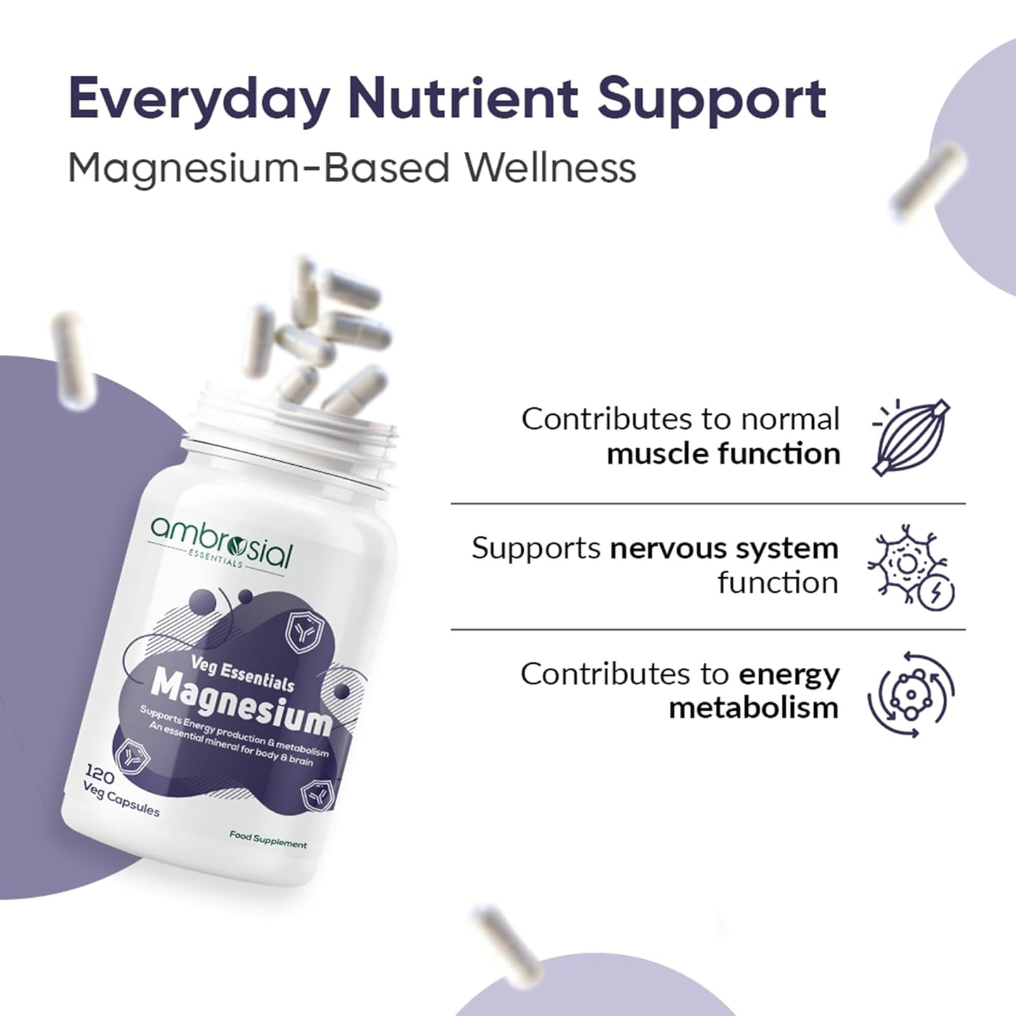 Ambrosial Magnesium Complex Food Supplement | Increases Muscle Functions | Reduces Tiredness | Boosts Energy Levels (Pack of 1-120 Capsules)