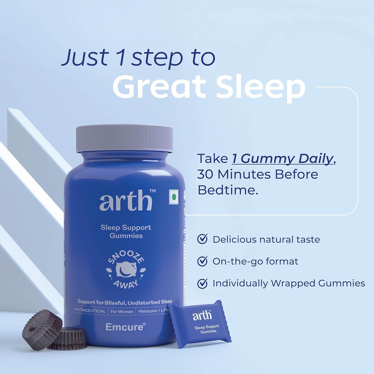 Arth Sleep Support Gummies|Promotes deep relaxation, Improves sleep quality, Helps with Insomnia|Melatonin 5mg, L-Theanine | Emcure Pharmaceuticals Ltd. | 30 Gummies