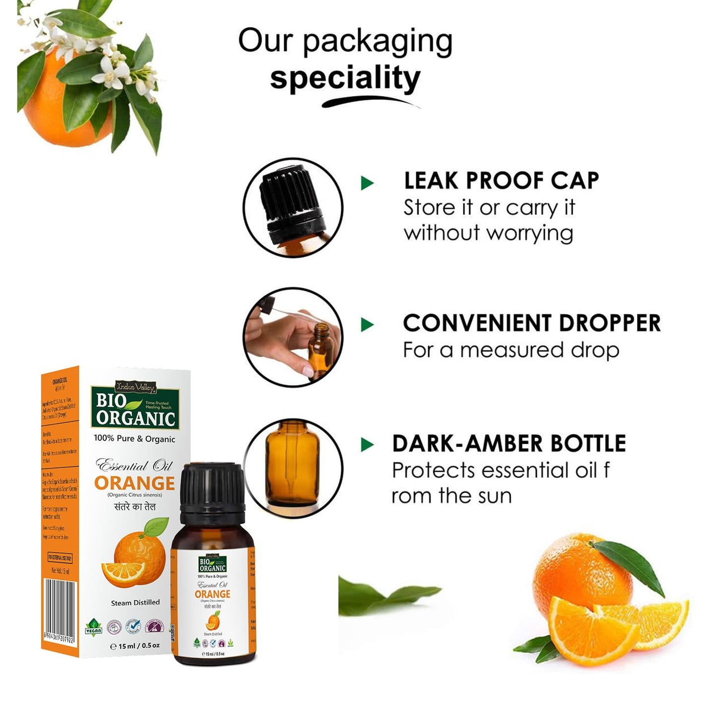 Indus Valley 100% Pure Natural & Organic, Undiluted Orange Essential Oil with Therapeutic Grade & Glass Dropper for Skin, Hair Care (15ml)