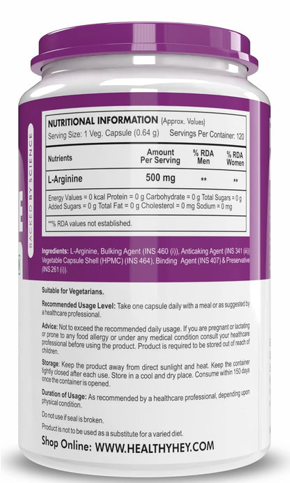 HealthyHey L-Arginine 120 Vegetable Capsules (Pack of 1)