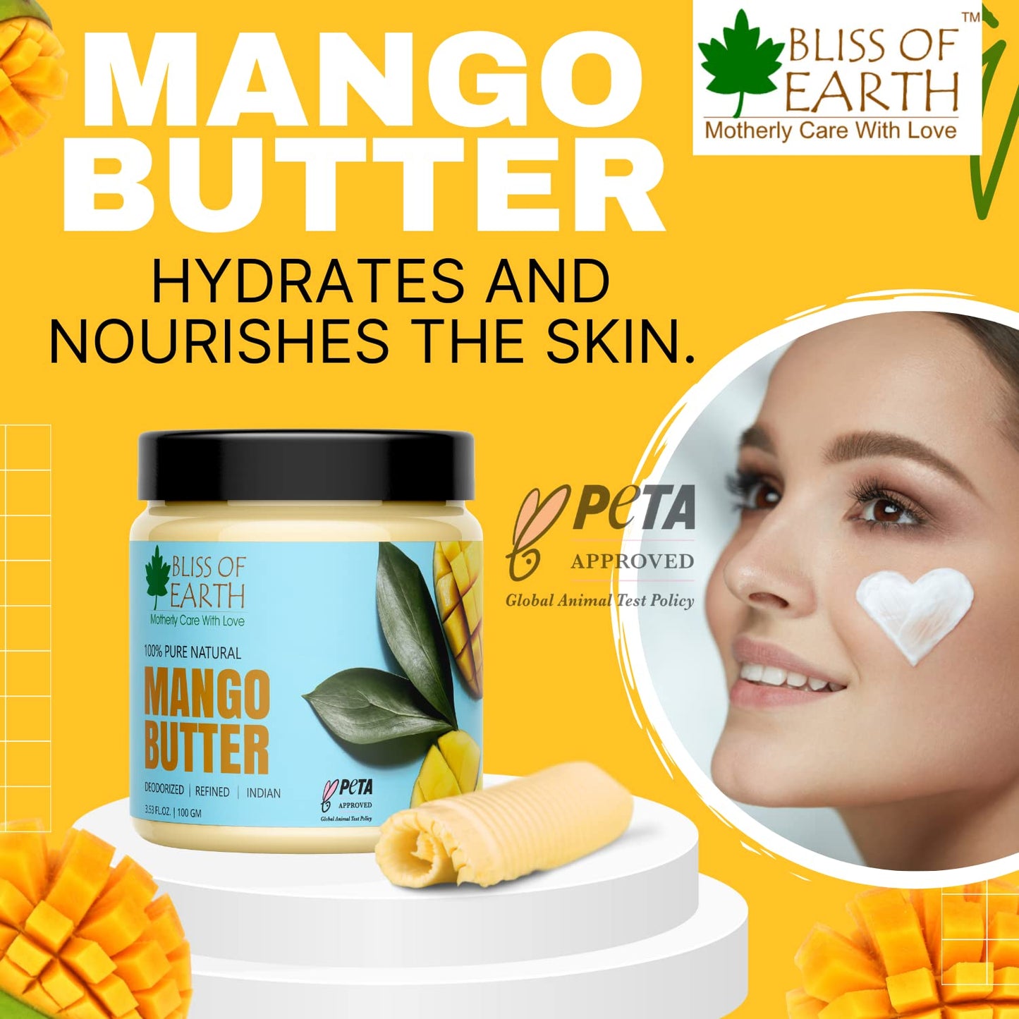 Bliss of Earth Deodorised Indian Mango Butter For Face Skin Hair & DIY 100GM Pack of 1
