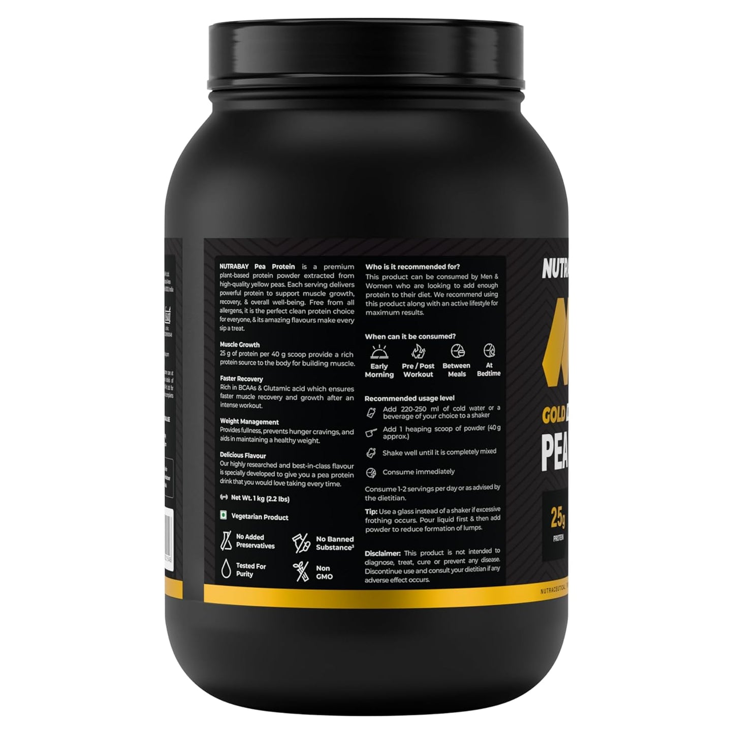 NUTRABAY Gold 100% Pea Protein Powder - 1kg, Rich Chocolate CrÃ¨me | 25g Protein, 4.6g BCAA, 5g Fiber | Complete Amino Profile | Tastiest & Smoothest Vegan, Plant Protein | Muscle Gain & Fast Recovery