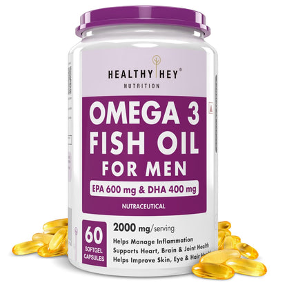HealthyHey Nutrition Omega 3 Fish Oil for Men - 2000 Mg/serving - 60 Softgel Capsules (600 EPA & 400 DHA)
