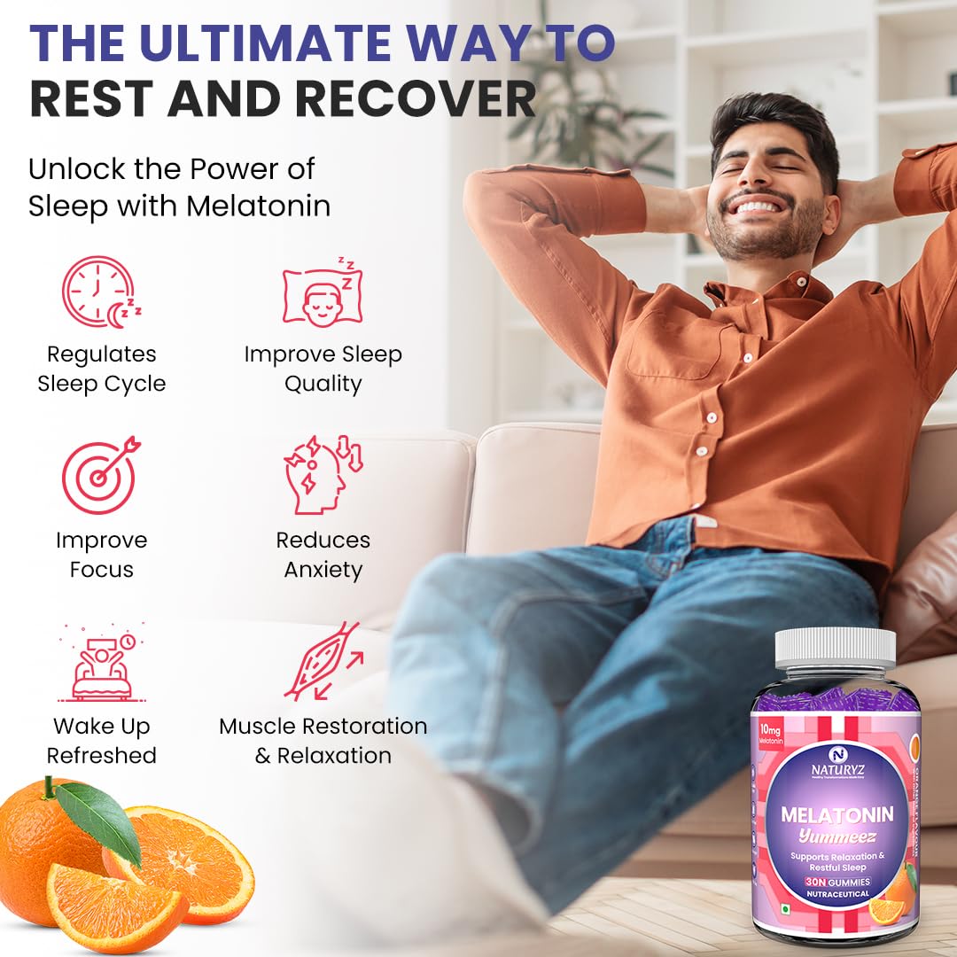 NATURYZ Yummeez Melatonin 10mg Gummies for Sleep - Non-Addictive | No Added Sugar | Valerian Root, Chamomile | Enhance Sleep Quality for Restful Nights, Wake Up Fresh & Energetic - 30 gummies(Orange Flavour)