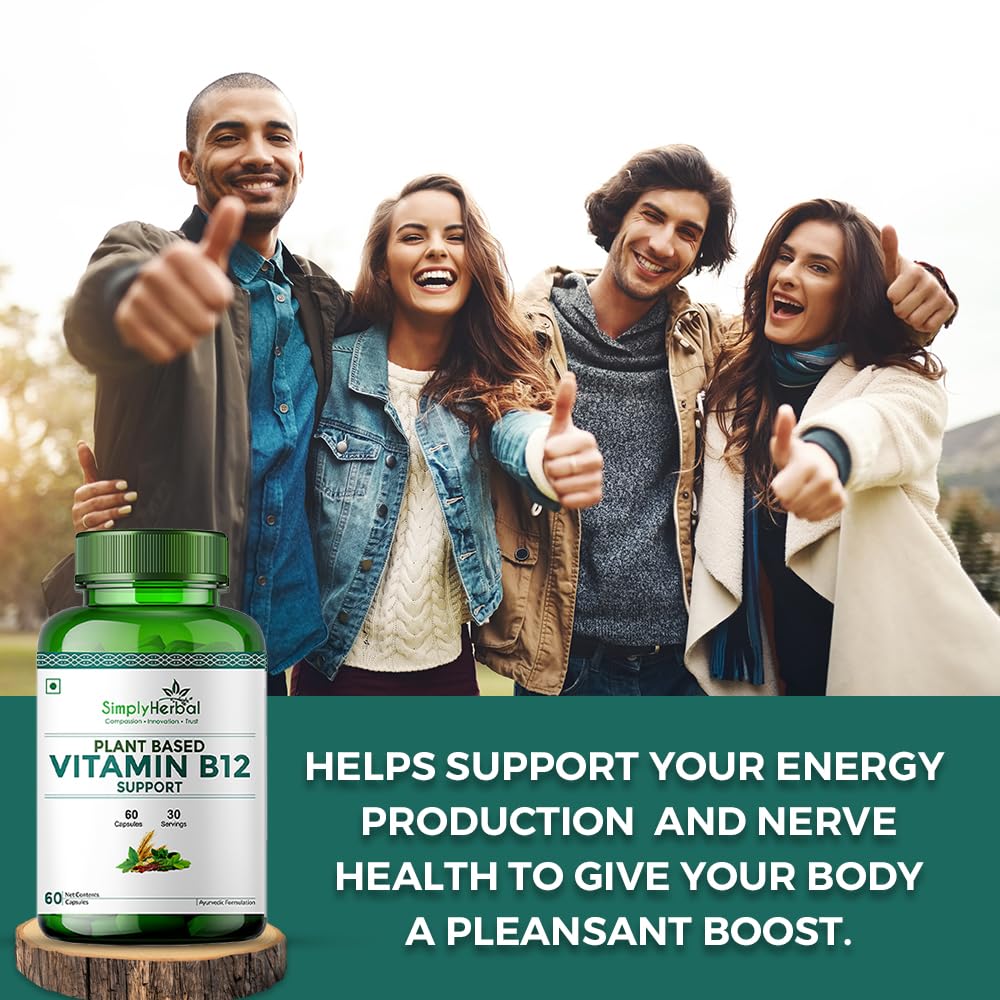 Simply Herbal Plant Based Vitamin B12 Capsules Improves Your Brain Function & Nervous System for Men & Women, (60 Capsules)