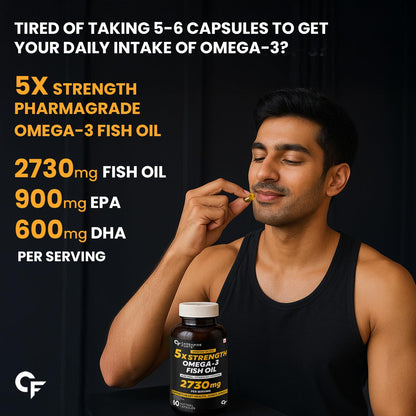 Carbamide Forte 5X Strength Omega 3 Fish Oil Capsules 2730mg | Omega 3 Supplement To Support Supports Overall Health & Skin | Fish Oil Omega3 Capsules With Added Aloevera, Vitamin D3, Vitamin E For Men & Women - 60 Softgels
