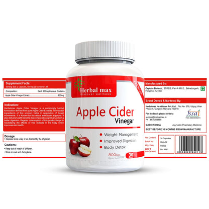 Herbal Max Organics Apple Cider Vinegar â€“ 30 Veg Capsules (800mg) | With The Mother | Natural Detox, Digestion, Weight Management & Gut Health Support