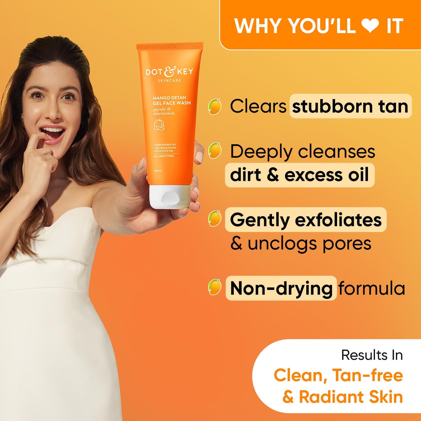 Dot & Key Mango Detan Gel Face Wash | Gently Cleanses Skin From Dirt & Oil | Fades Stubborn Tan | For All Skin Types | 100ml