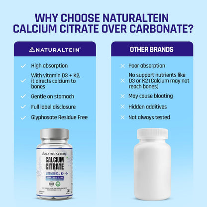 NATURALTEIN Calcium Citrate with Vitamin D3 & K2 MK-7 | High Absorption Bone & Joint Support | Helps Calcium Utilization, Muscle Strength & Immunity | Vegan, Non-GMO | 30 Tablets