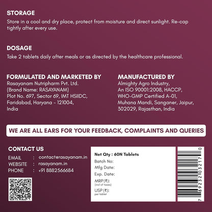 Rasayanam Multivitamin for Women | 55 Ingredients with 100% RDA of Essential Vitamins & Minerals | Energy, Hair, Skin, Hormonal, Bone & Immunity Support | Daily Multivitamin Tablets for Women With Collagen & Antioxidants Blend - 60 Tablets