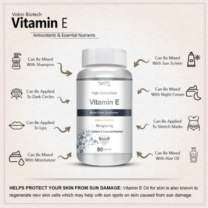 Vokin Biotech Natural Vitamin E from Sunflower - D-Alpha-Tocpherol - 10mg - 90 Capsules