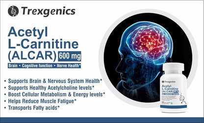 Trexgenics ACETYL-L CARNITINE (ALCAR) 600 mg Nervous System, Cognitive Function, Metabolism, Energy Support VEGAN & NON-GMO (60 Veg. Capsules) (Pack of 1)