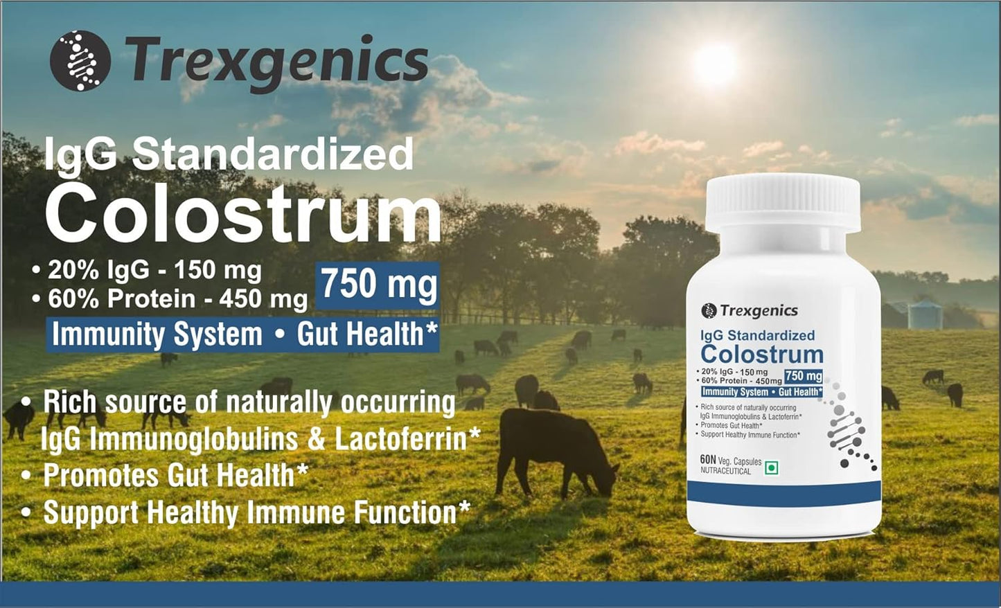 Trexgenics COLOSTRUM 750 mg, 20% IgG, 60% Protein, Immunity, Gut Health Support VEGETARIAN & NON-GMO (60 Veg. Capsules) (Pack of 1)