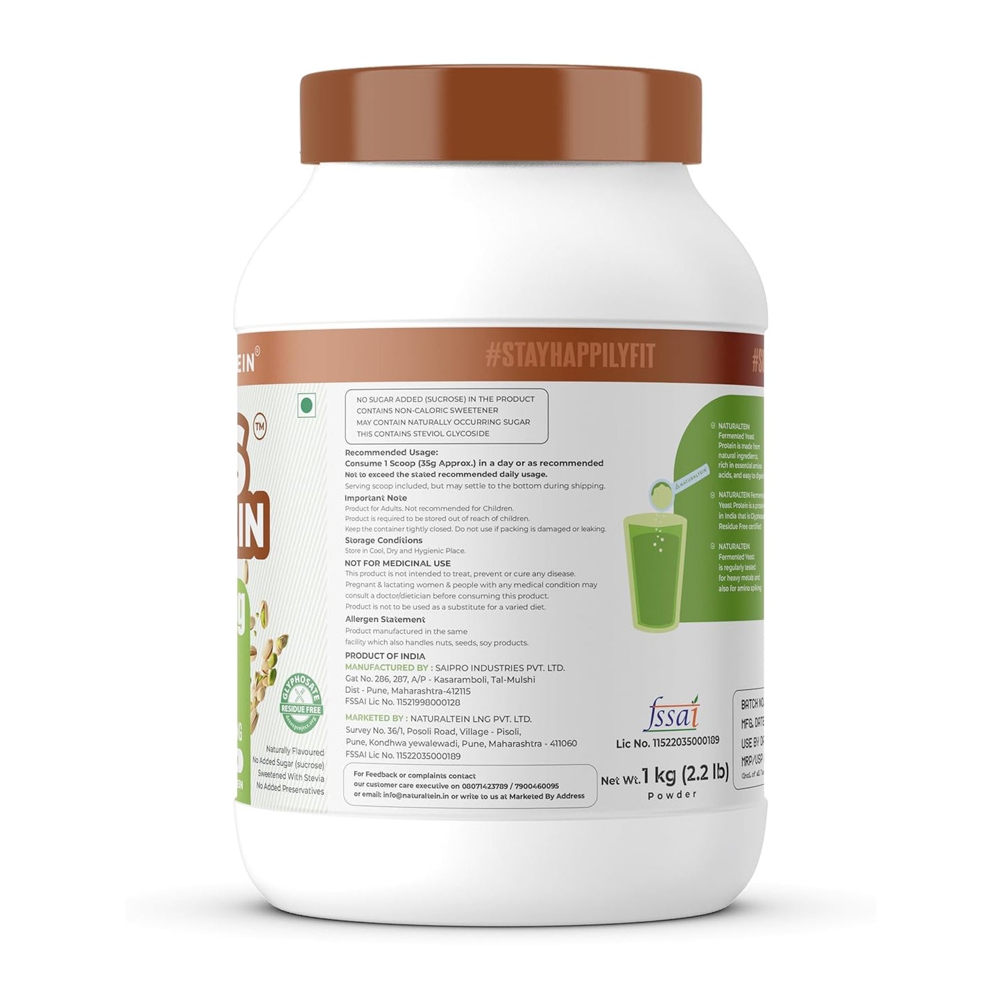 Naturaltein YES Protein 1kg | Fermented Yeast Vegan Protein Powder |Pista Kulfi Flavour| 25 g Protein | No Added Sugar | Naturally Sweetened | Digestive Enzymes | Heavy Metal Tested | 28 Servings