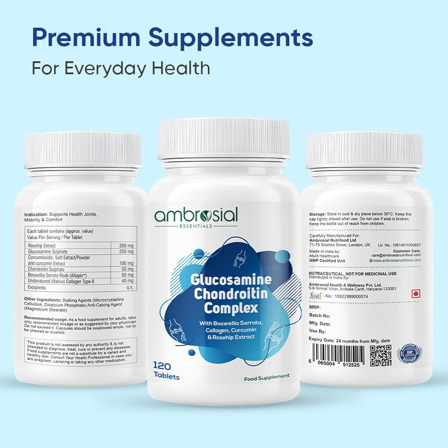 Ambrosial Glucosamine Chondroitin Joint Care Supplement with Curcumin, Collagen, Boswellia & Rosehip Extracts | High Strength Glucosamine Chondroitin for High Mobility & Flexibility | 120 Tablets