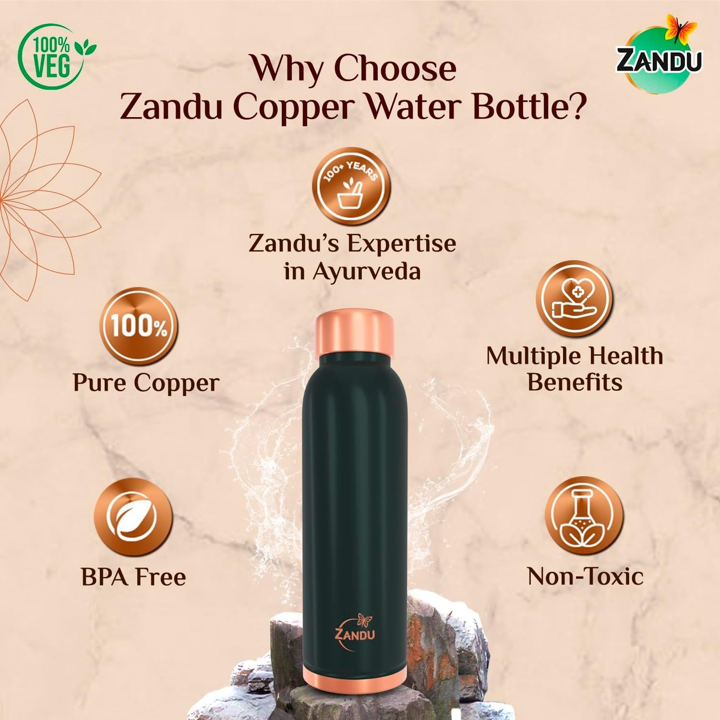 Zandu Copper Bottle : Prepared with 100% Pure Copper |Supports Digestive & Liver Health | Helps Enhance Immunity| Useful in Promoting Overall Health (Pack of 950 ml)