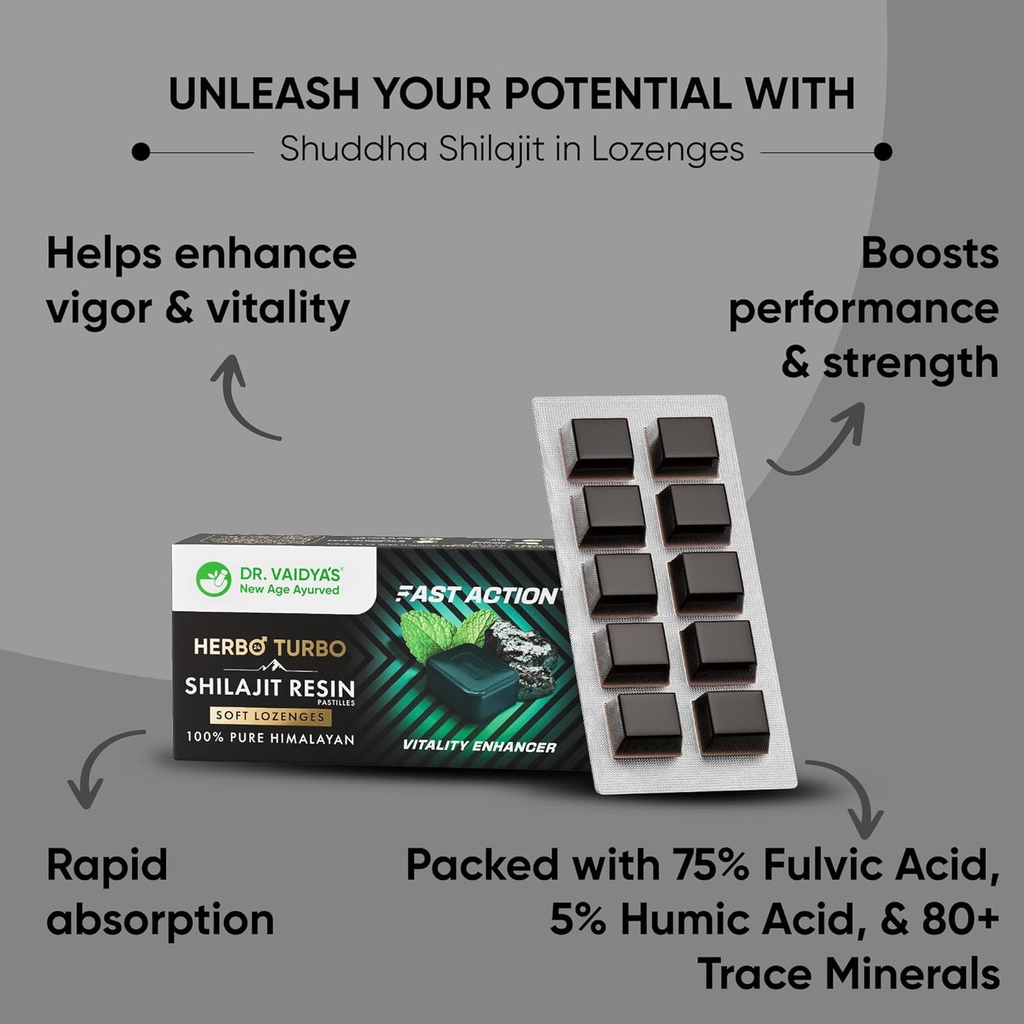 Dr. Vaidyaâ€™s Herbo24Turbo Shilajit Gummies Lozenges (Pastilles) | Helps Boost Performance | Helps Improve Strength, Stamina, and Energy Levels | Pure Himalayan Shilajit | No Added Sugar |30 Lozenges(Mint Flavour)(Pack of 1)