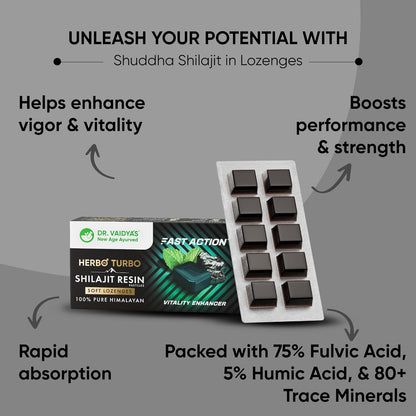 Dr. Vaidyaâ€™s Herbo24Turbo Shilajit Gummies Lozenges (Pastilles) | Helps Boost Performance | Helps Improve Strength, Stamina, and Energy Levels | Pure Himalayan Shilajit | No Added Sugar |30 Lozenges(Mint Flavour)(Pack of 1)