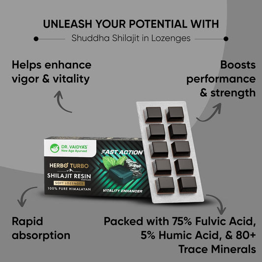Dr. Vaidyaâ€™s Herbo24Turbo Shilajit Gummies Lozenges (Pastilles) | Helps Boost Performance | Helps Improve Strength, Stamina, and Energy Levels | Pure Himalayan Shilajit | No Added Sugar |30 Lozenges(Mint Flavour)(Pack of 1)
