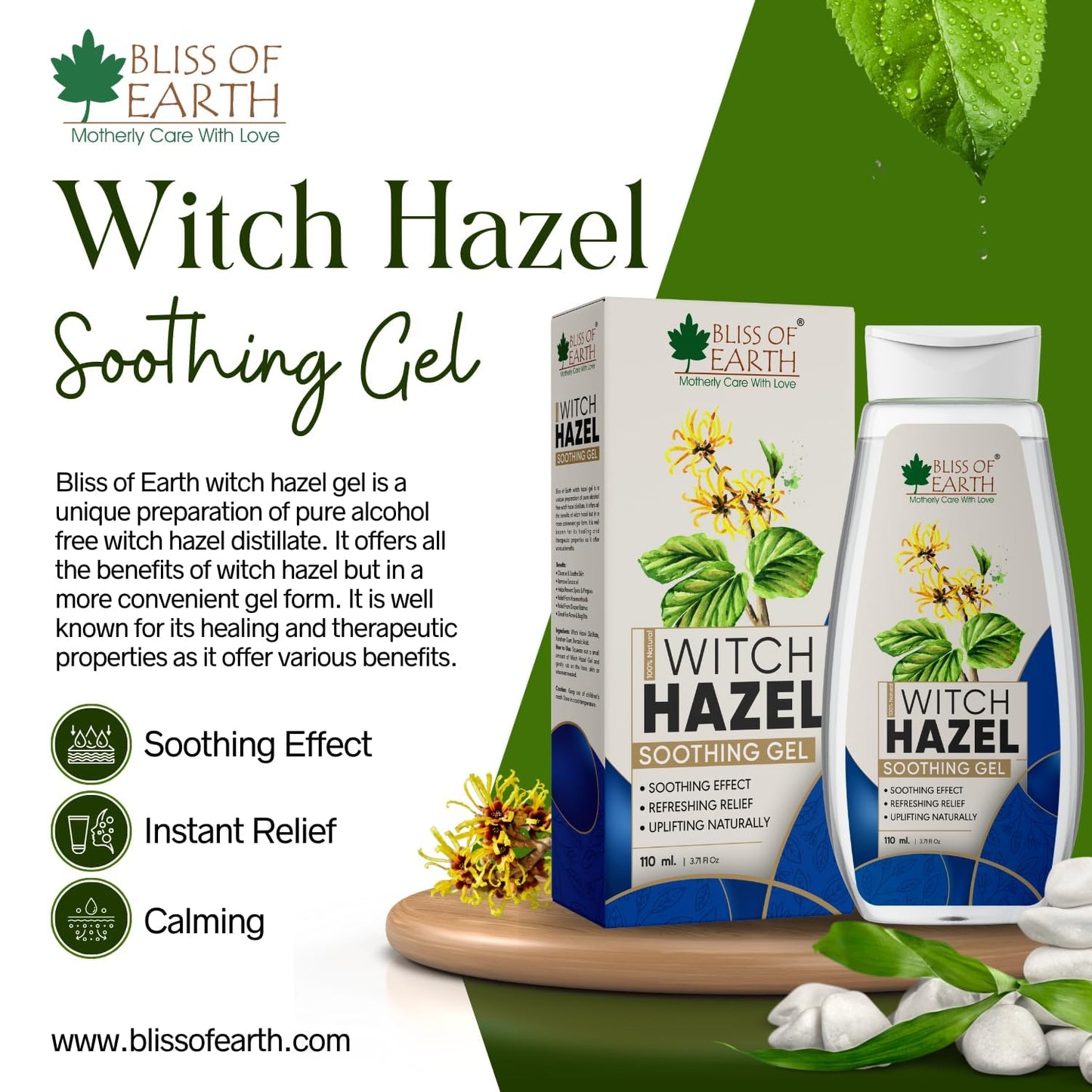 Bliss of Earth Witch Hazel Gel for Hemorrhoids, Diaper Rashes, Postpartum Soothing Relief from Swelling and Discomfort, 110ml