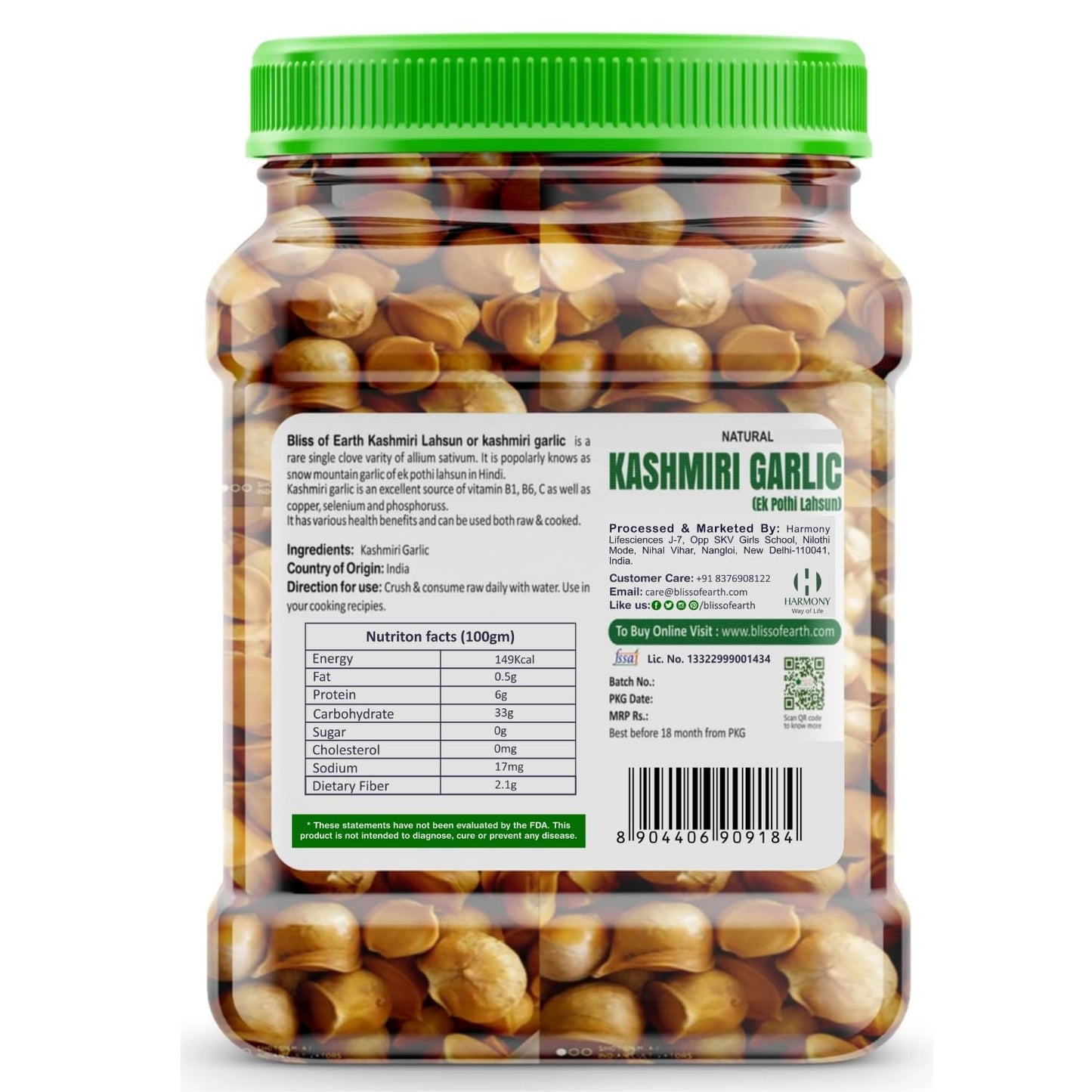 Bliss of Earth Naturally Organic Kashmiri Garlic From Indian Himalayas, Single Clove, Kashmiri Lahsun Ek Pothi, Snow Mountain Garlic- 500 Gm