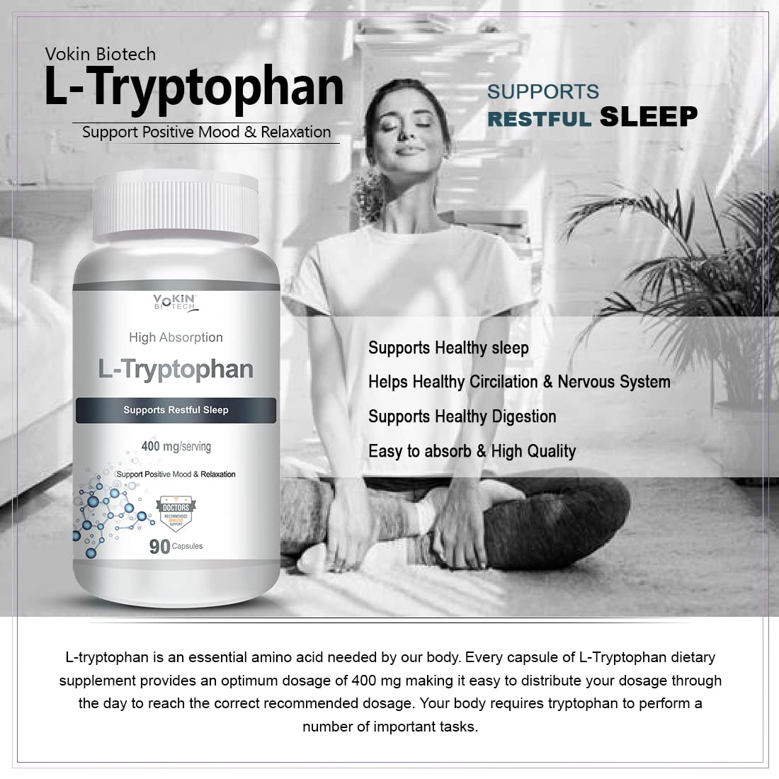 Vokin biotech L-Tryptophan â€“ Support Positive Mood & Relaxation- 400mg (90 Capsules)