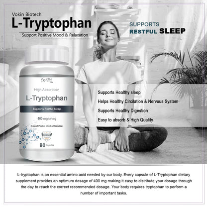 Vokin biotech L-Tryptophan â€“ Support Positive Mood & Relaxation- 400mg (90 Capsules)