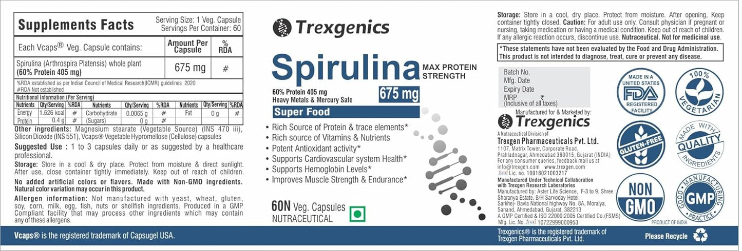 Trexgenics SPIRULINA 675 mg MAX Strength Protein 60%, Super Green Food (60 Vcaps) (1)