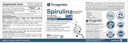 Trexgenics SPIRULINA 675 mg MAX Strength Protein 60%, Super Green Food (60 Vcaps) (1)
