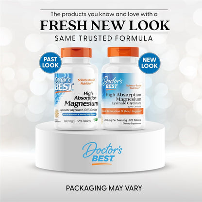 Doctor's Best High Absorption Magnesium Glycinate Lysinate Supplement for Sleep Support - Chelated Magnesium Tablets for Women & Men, 200mg per Serving, Supports Calm & Relaxation, Vegan - 120 Count