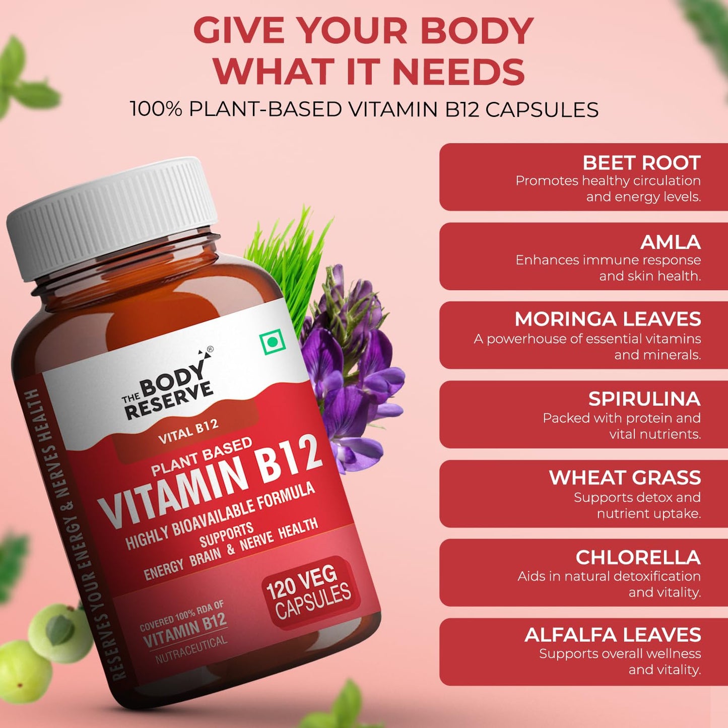 The Body Reserve Plant Based Vitamin B12 Supplement For Men & Women 120 Capsules Organic Vitamin B12 For Nerve And Brain Health Vegan Capsules
