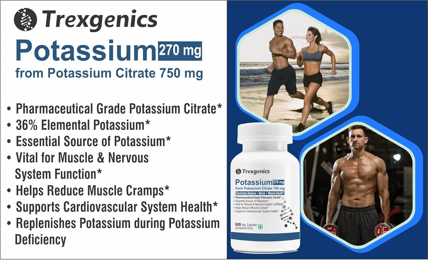Trexgenics POTASSIUM CITRATE 750 mg Pharmaceutical Grade Electrolyte Balance, Nerve & Muscle Health VEGAN & NON-GMO (60 Vcaps) (Pack of 1)