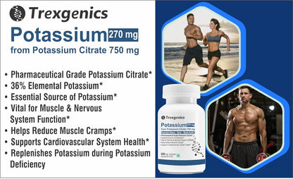 Trexgenics POTASSIUM CITRATE 750 mg Pharmaceutical Grade Electrolyte Balance, Nerve & Muscle Health VEGAN & NON-GMO (60 Vcaps) (Pack of 1)