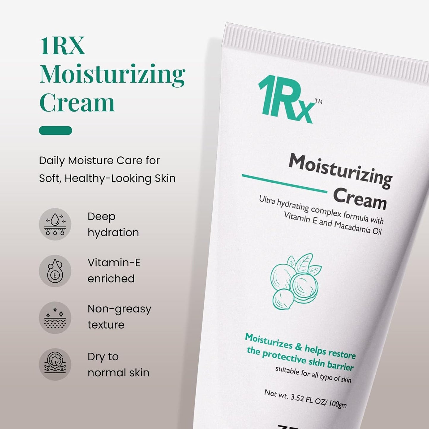 Zeelab 1RX Moisturizing Cream 100gm | Face & Body Moisturizer with Glycerin, Vitamin E & Macadamia Oil | Non-Greasy Daily Hydration Cream for Dry Skin