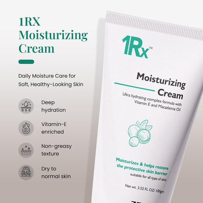 Zeelab 1RX Moisturizing Cream 100gm | Face & Body Moisturizer with Glycerin, Vitamin E & Macadamia Oil | Non-Greasy Daily Hydration Cream for Dry Skin
