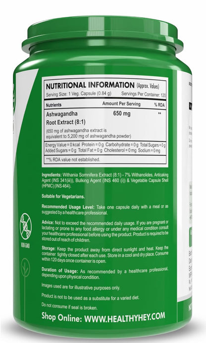 HealthyHey Herbal Ashwagandha root extract - 650 mg per serving - 120 vegetable capsules