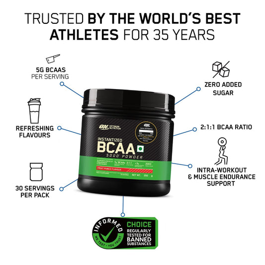 Optimum Nutrition BCAA, 5g BCAAs in 2:1:1 Ratio, 30 servings, For Muscle Recovery & Endurance, Intra workout, Informed Choice certified, 250gm