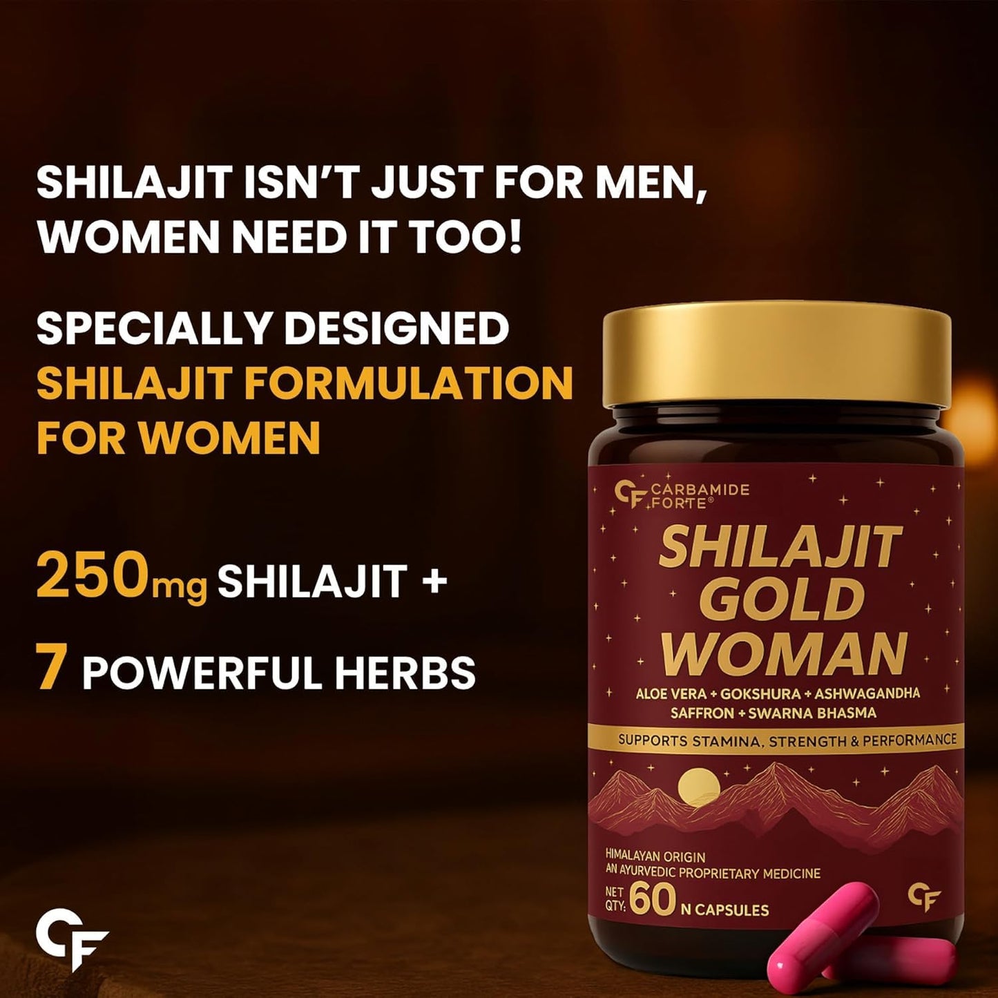 Carbamide Forte Shilajit Gold Capsules For Women With Pure Shilajeet Swarna Bhasma, Saffron & Ashwagandha | Himalayan Shilajit for Women | Shilajeet Gold Original | 60 Veg Capsules
