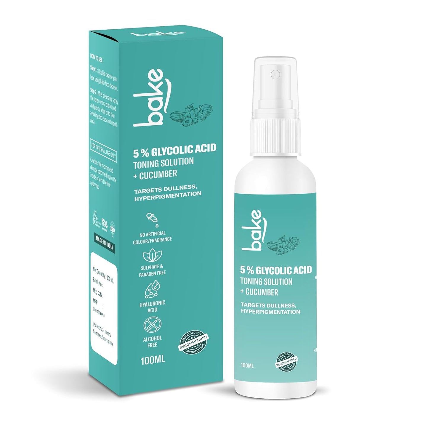 BAKE 5% Glycolic Acid Toner with Hyaluronic Acid | Targets Hyperpigmentation | Pore Tightening Toner for Face & Underarms | For Combination, Oily, Acne Prone Skin | Alcohol Free Toner | 100ml