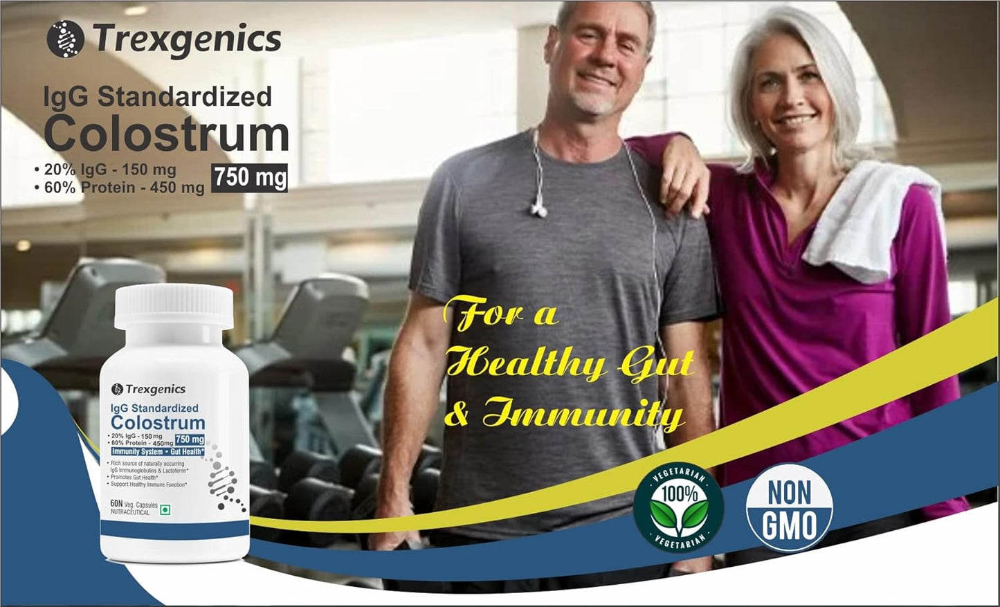 Trexgenics COLOSTRUM 750 mg, 20% IgG, 60% Protein, Immunity, Gut Health Support VEGETARIAN & NON-GMO (60 Veg. Capsules) (Pack of 1)