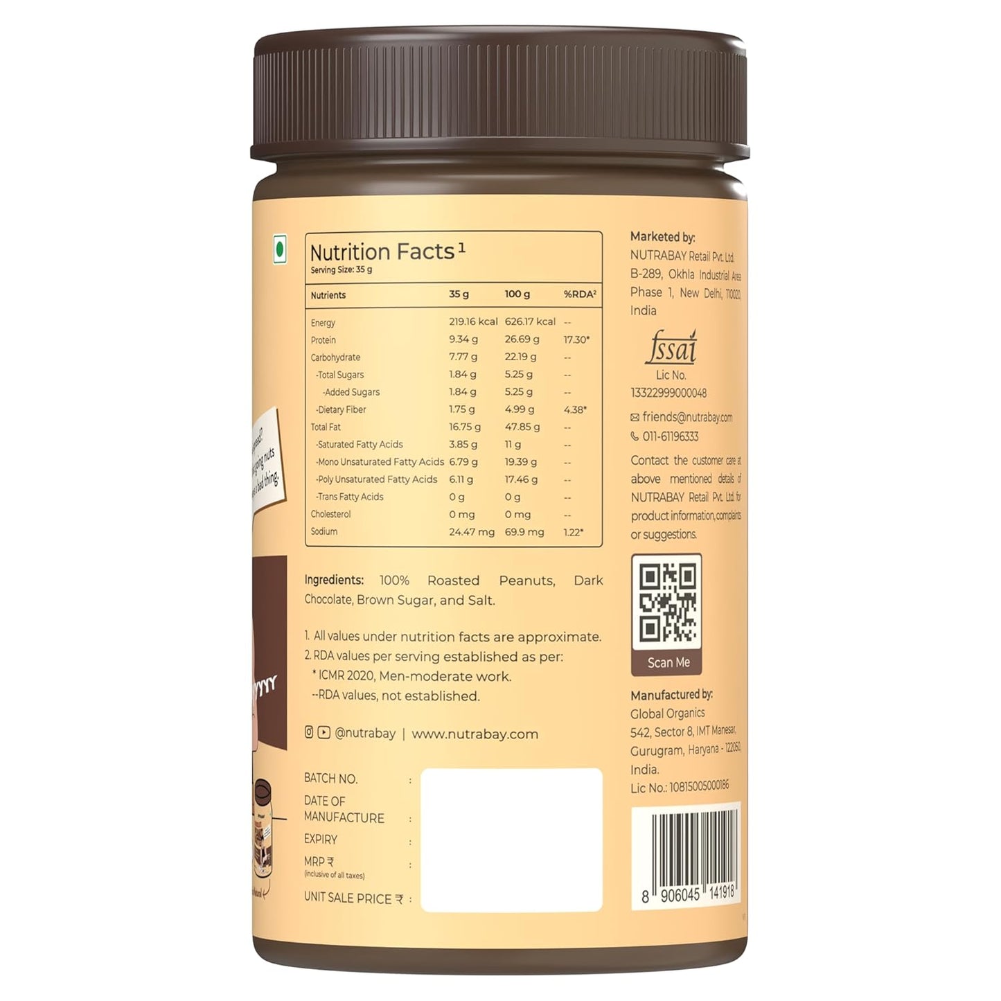 Nutrabay Foods Peanut Butter (Creamy) - Chocolate Intense, 750g | 100% Roasted Peanuts, 22g Protein, Zero Cholesterol, Vegan, Gluten Free, Non GMO