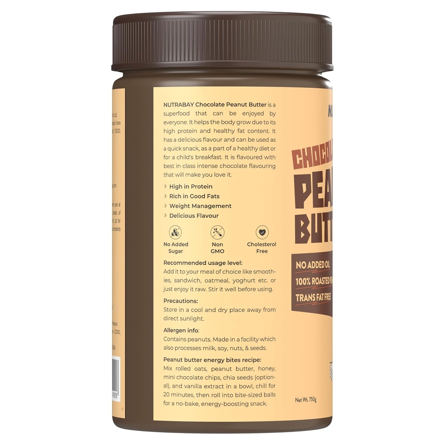 Nutrabay Foods Peanut Butter (Creamy) - Chocolate Intense, 750g | 100% Roasted Peanuts, 22g Protein, Zero Cholesterol, Vegan, Gluten Free, Non GMO