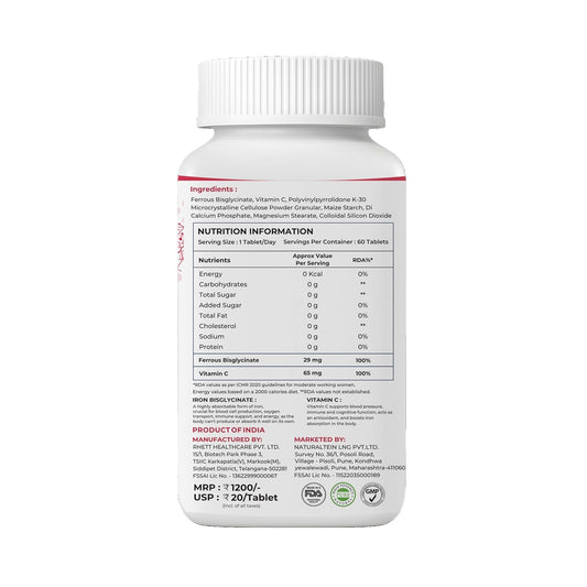 NATURALTEIN Iron Bisglycinate with Vitamin C â€“ 60 Tablets | 14 mg Elemental Iron | Gentle on Stomach | Supports Womenâ€™s Energy, Vitality & Healthy Blood Levels