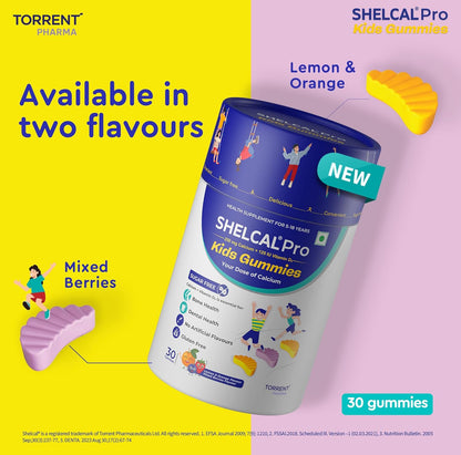 Shelcal Pro Kids Sugar Free Calcium Gummies | Calcium and Vit D3 essential for Bone & Dental Health | Lemon-Orange & Mixed Berries Flavors (30 Gummies) - By Torrent Pharma