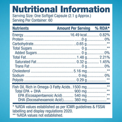 GNC 1500 MG Triple Strength Fish Oil Omega 3 Capsules for Men & Women | 60 Softgels | 900mg (540 MG EPA & 360 MG DHA) | Improves Memory | Protects Vision | No Fishy Aftertaste